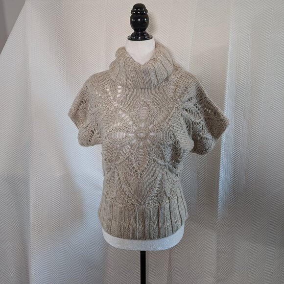 Moda International Chunky Wool Blend Sweater Crochet Turtleneck Neutral Medium - Picture 1 of 10